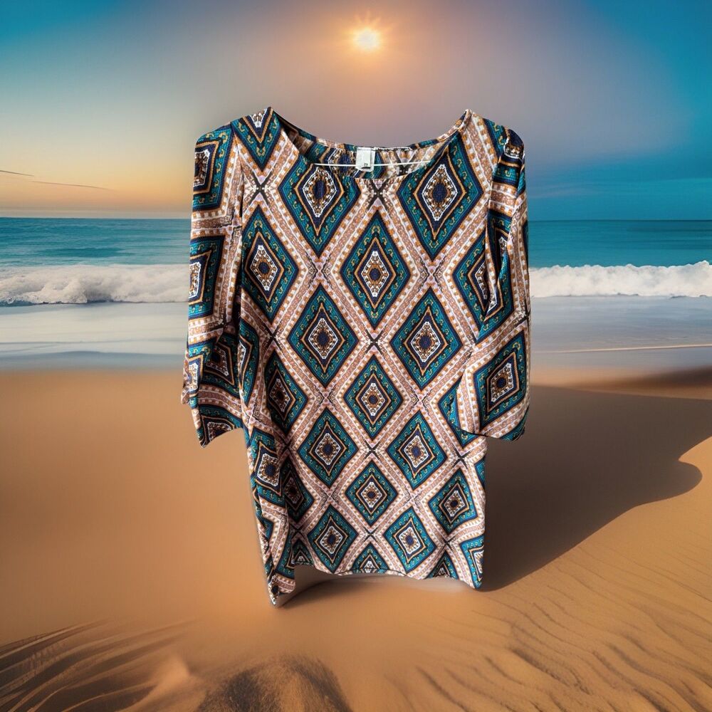 Vintage R Rouge USA Geometric Diamond Print Boatneck Tunic‎ Top Mini Dress Med